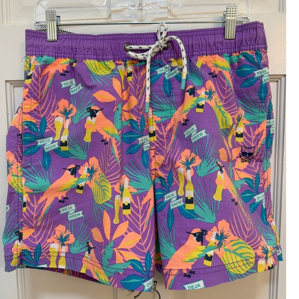 Party‎ Pants Mens Purple Deja Brew Tropical Parrot Beer Swim Trunks Size Medium